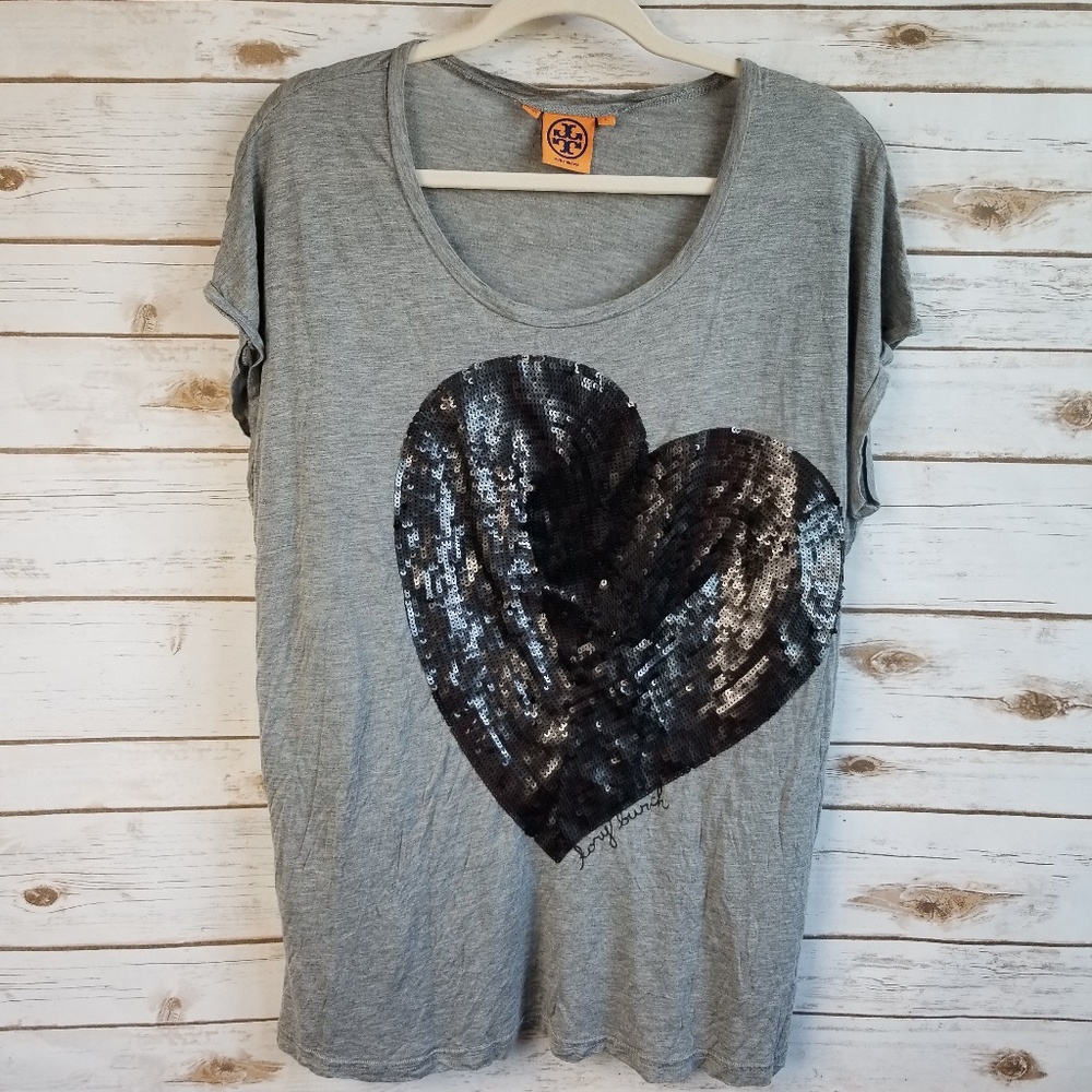 Tory Burch black sequin heart gray tee